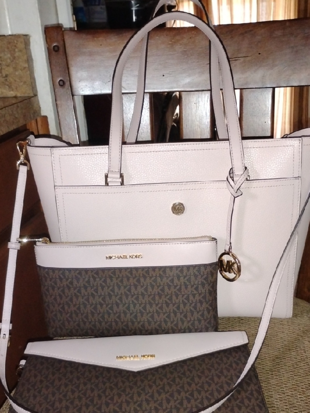 Michael Kors Light Pink Three-in-one Leather Crossbody with MK Logo Pouches